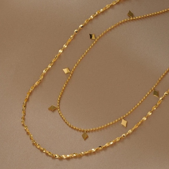 18K Layered Diamond Shaped Tassel & Rope Style Chain Necklace - Picture 3 of 8